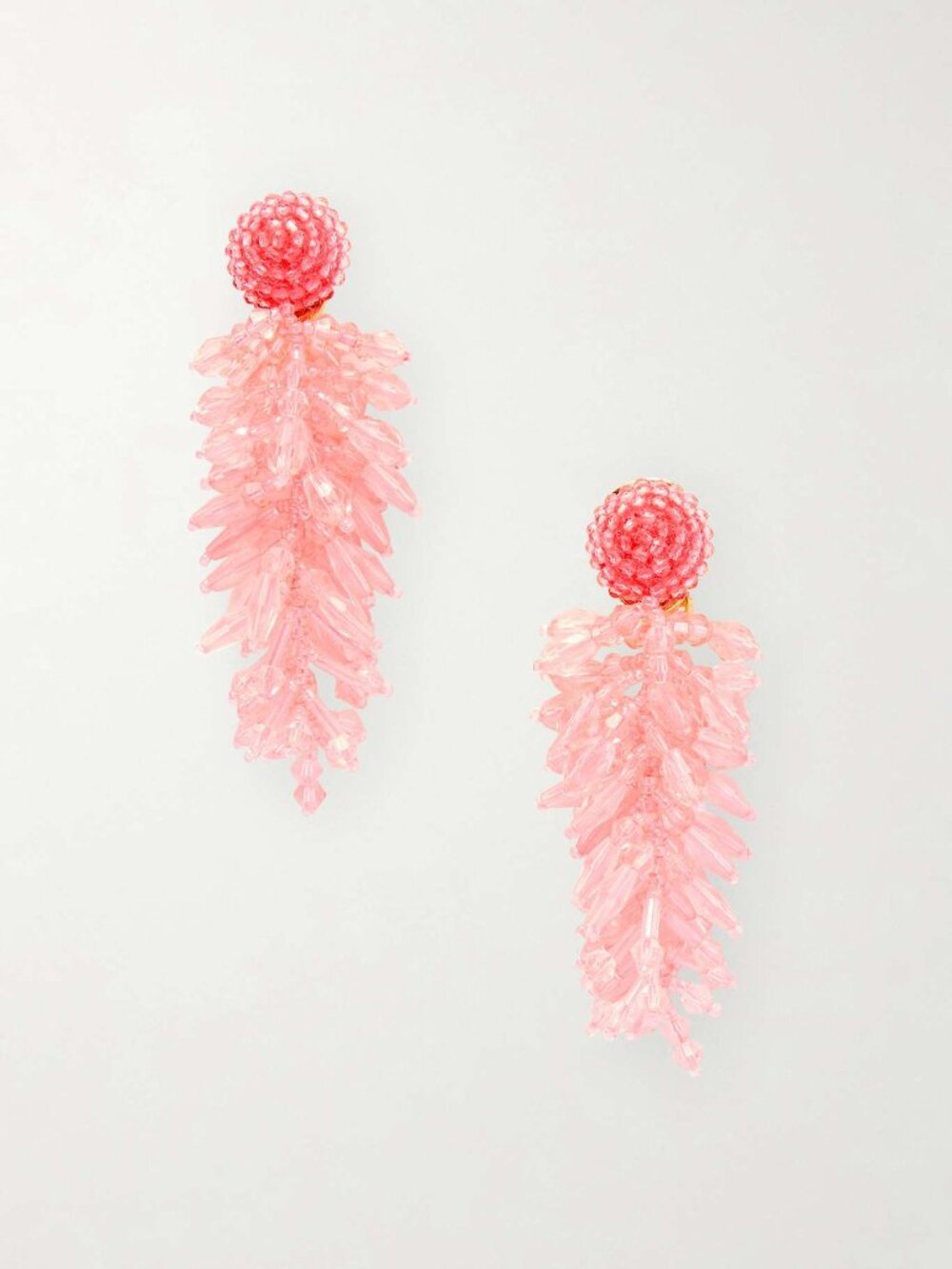 NWOT OSCAR DE LA RENTA Cluster Tasseled Beaded Clip Earrings Pink Gold-Tone